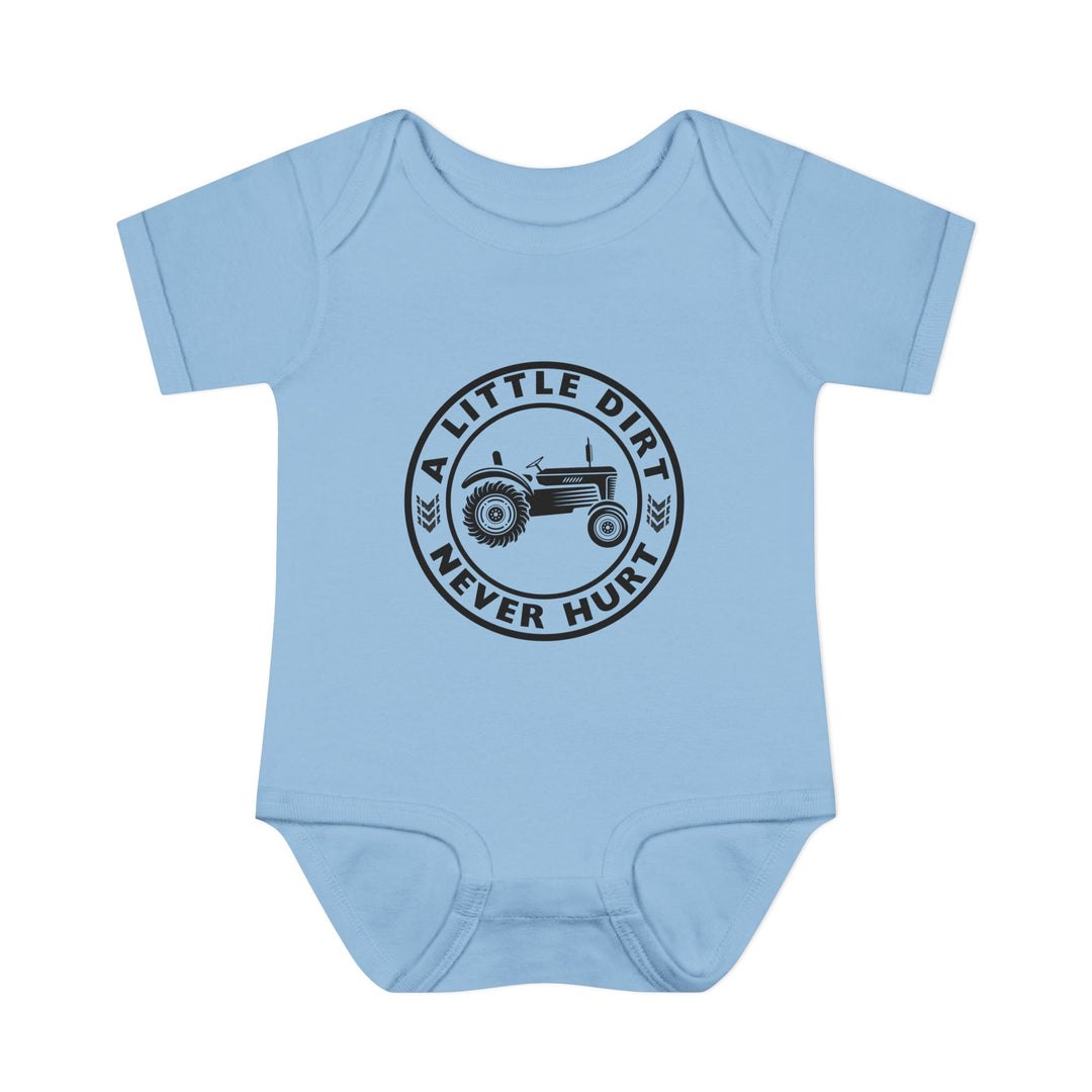 Light-blue onesie featuring a A Little Dirt Never Hurt logo with a tractor and wheat design, highlighting comfort with soft, 100% ring-spun cotton fabric.