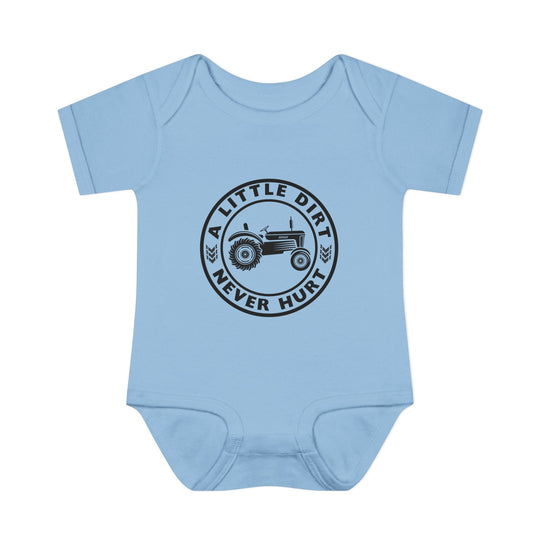Light-blue onesie featuring a A Little Dirt Never Hurt logo with a tractor and wheat design, highlighting comfort with soft, 100% ring-spun cotton fabric.