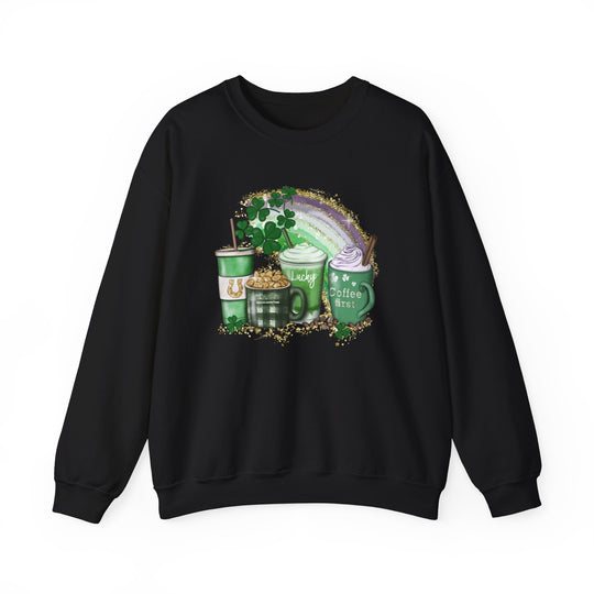 A black sweatshirt featuring a whimsical rainbow and coffee cups design, embodying comfort and style. Unisex heavy blend crewneck with ribbed knit collar, 50% cotton, 50% polyester, loose fit, and no itchy side seams.