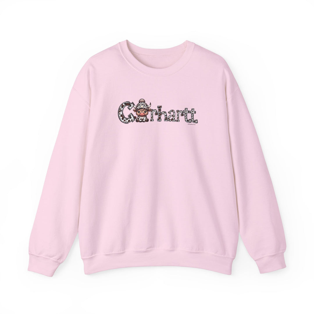 Unisex Cowhartt Cow Crew sweatshirt, featuring a cartoon cow design on pink fabric. Heavy blend of polyester and cotton, ribbed knit collar, no itchy side seams. Comfortable loose fit, ideal for all occasions.