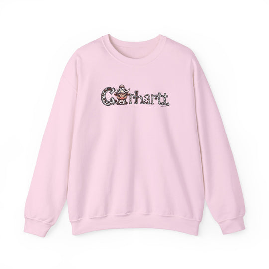 Unisex Cowhartt Cow Crew sweatshirt, featuring a cartoon cow design on pink fabric. Heavy blend of polyester and cotton, ribbed knit collar, no itchy side seams. Comfortable loose fit, ideal for all occasions.