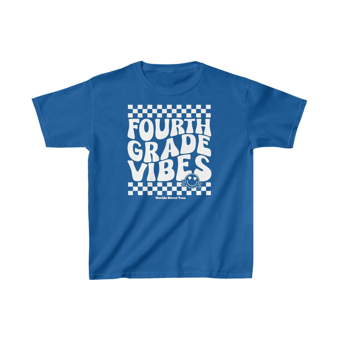 Kids 4th Grade Vibes tee, 100% cotton, light fabric, classic fit, tear-away label. Blue shirt with white text. Ideal for everyday wear. Shoulders with twill tape for durability. No side seams.