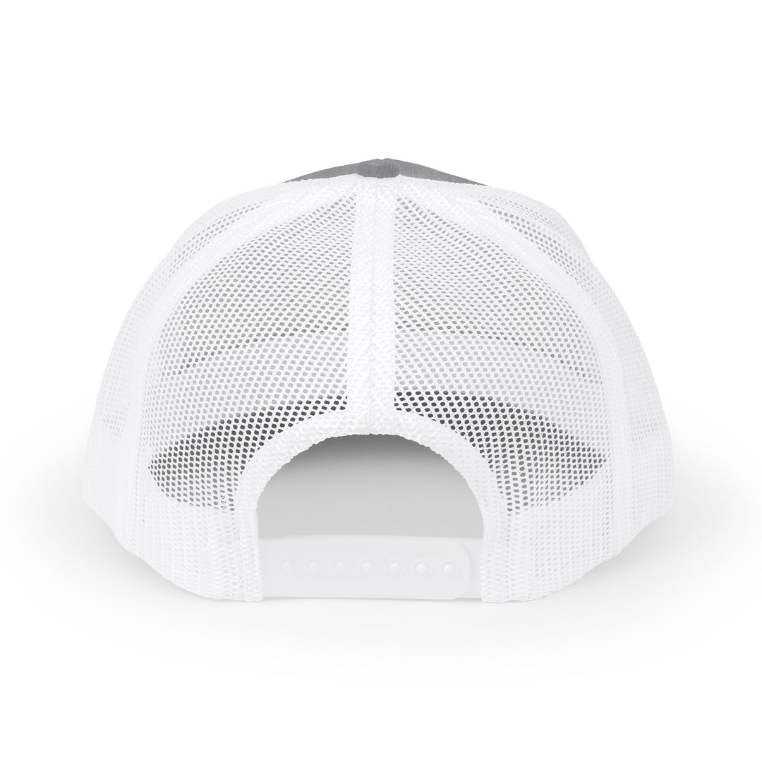 Grammy Snapback Trucker Cap with a 6-panel design, mid-profile fit, pre-curved visor, and mesh back, featuring adjustable snap closure and cotton sweatband.