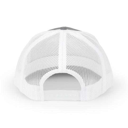 Grammy Snapback Trucker Cap with a 6-panel design, mid-profile fit, pre-curved visor, and mesh back, featuring adjustable snap closure and cotton sweatband.