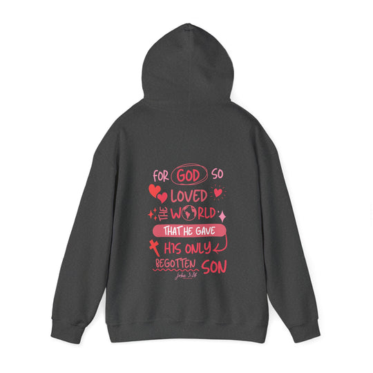 Unisex John 3:16 Hoodie, black with red text. Heavy blend cotton and polyester, cozy kangaroo pocket, matching drawstring hood. Perfect for cold days. Classic fit, tear-away label, true to size.