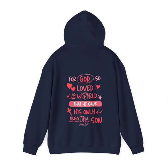 A John 3:16 Hoodie, a cozy unisex blend of cotton and polyester, featuring a kangaroo pocket and matching drawstring. Classic fit, medium-heavy fabric for warmth and comfort.