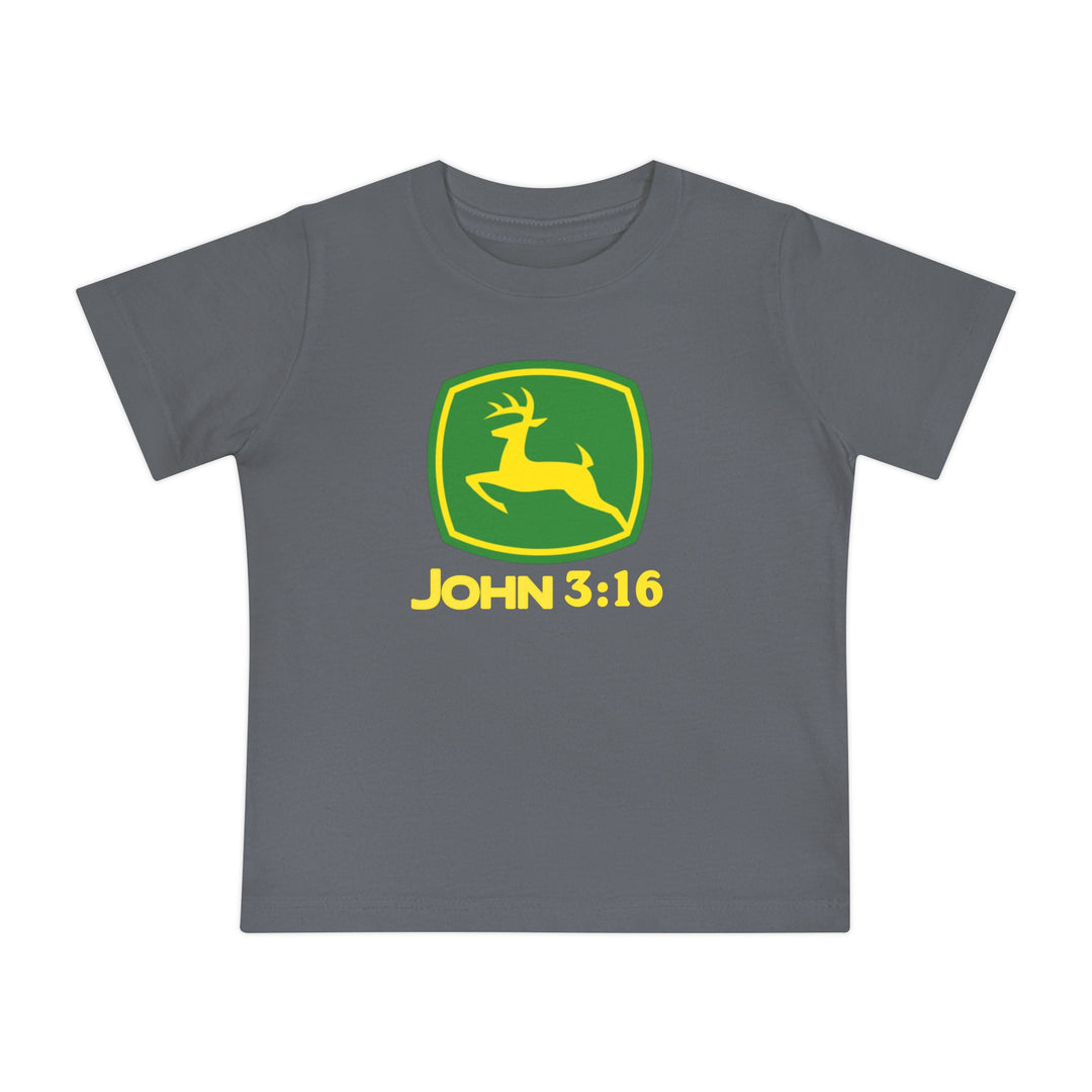 Kids' gray John 3:16 Tee featuring a parody of the John Deere logo with a green shield and yellow deer. Made from soft, durable cotton.