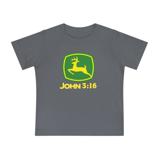 Kids' gray John 3:16 Tee featuring a parody of the John Deere logo with a green shield and yellow deer. Made from soft, durable cotton.