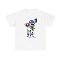 Unisex white tee featuring a cow in a hat and boots, perfect for casual wear. No side seams for comfort, ribbed knit collar for elasticity. Ideal for a classic fit, 100% cotton.