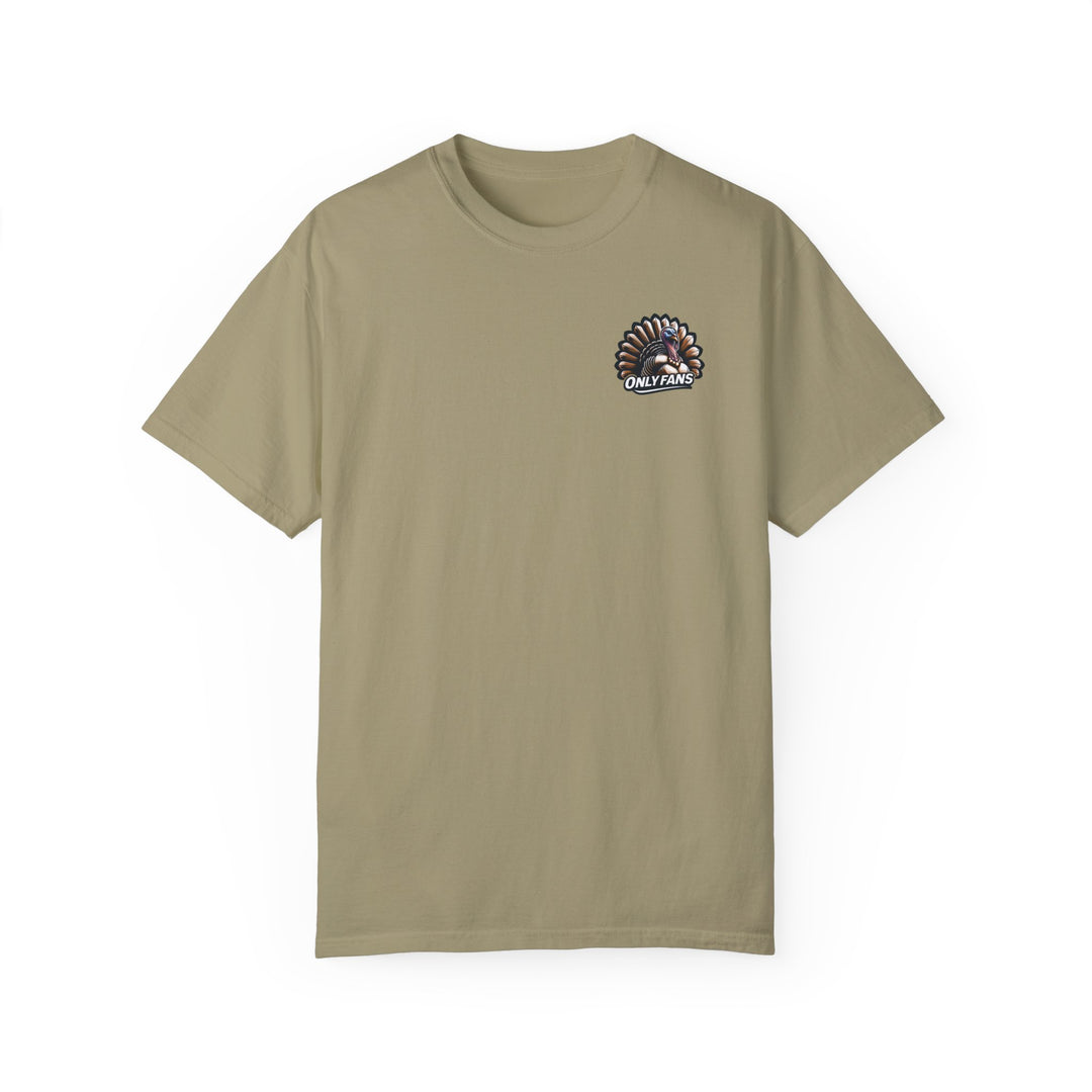 A tan t-shirt featuring a logo of a turkey, part of the Only Fans Hunting Tee collection by Worlds Worst Tees. Made of 100% ring-spun cotton, with a relaxed fit and durable double-needle stitching.