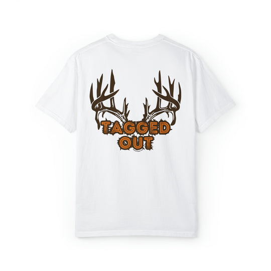 A unisex Tagged Out Tee sweatshirt with antler and text design. Made of 80% ring-spun cotton and 20% polyester, featuring a relaxed fit and rolled-forward shoulder. From Worlds Worst Tees.