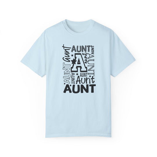 Aunt Tee: Light blue t-shirt with black text. 100% ring-spun cotton, garment-dyed for coziness. Relaxed fit, double-needle stitching for durability, no side-seams for shape retention. Ideal for daily wear.