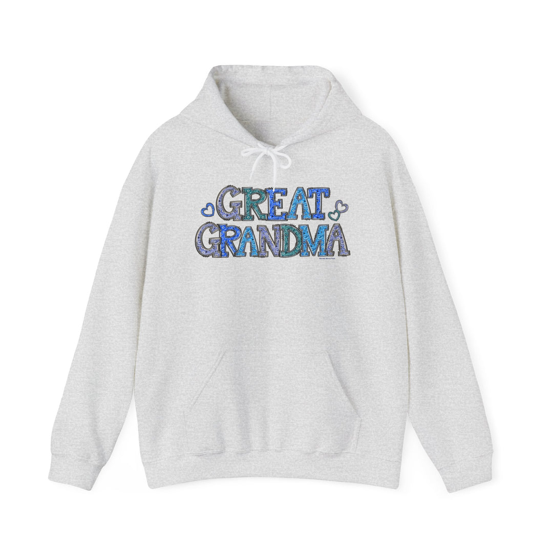 Great Grandma Hoodie: A white sweatshirt with blue text, featuring a hood and kangaroo pocket. Made of 50% cotton and 50% polyester, offering warmth and comfort. Unisex, classic fit, tear-away label.