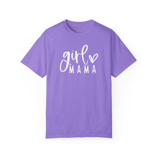 A relaxed fit Girl Mama Tee in purple with white text. 100% ring-spun cotton, garment-dyed for extra coziness. Double-needle stitching for durability, no side-seams for shape retention.