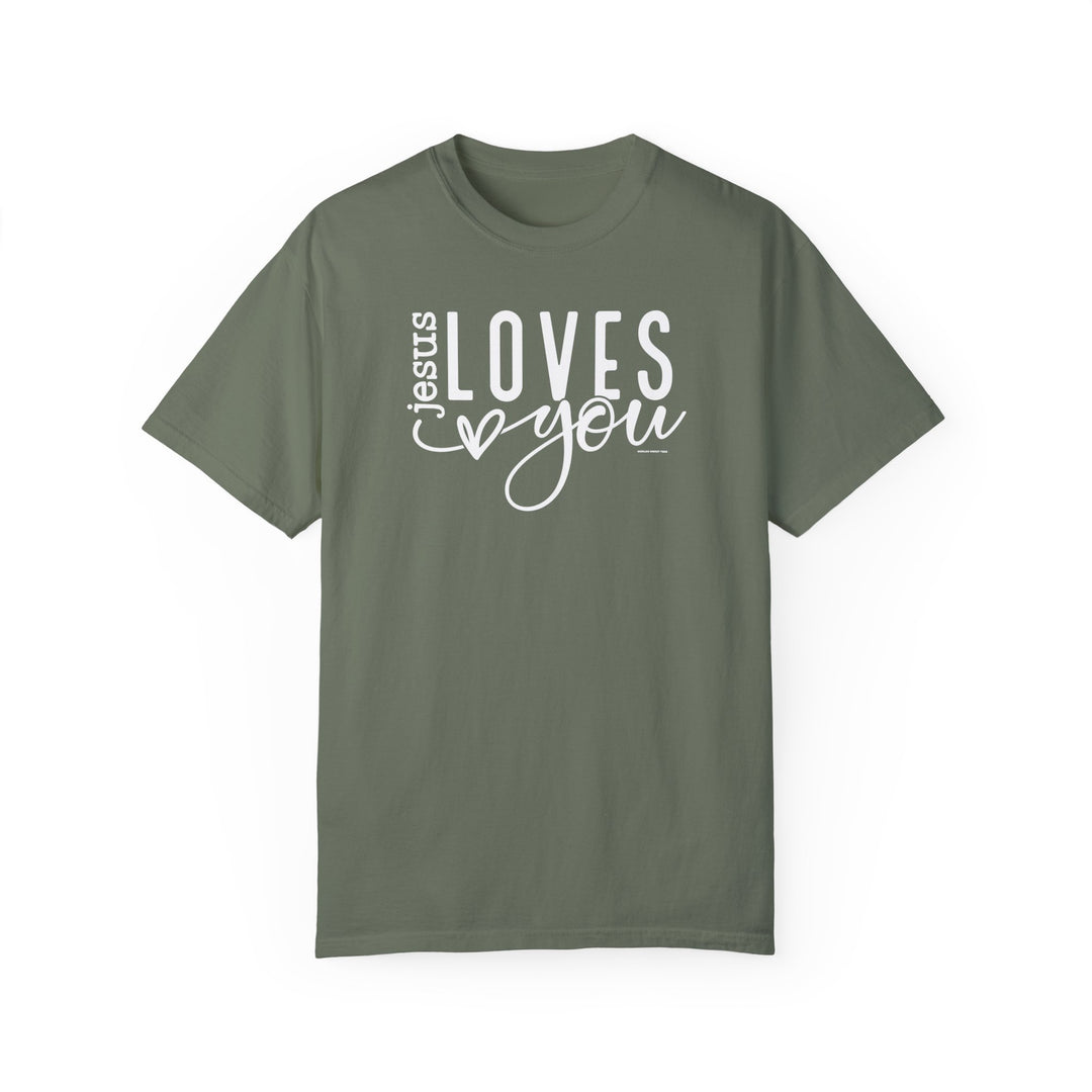 A relaxed fit Jesus Loves You Tee, crafted from 100% ring-spun cotton. Garment-dyed for extra coziness, featuring double-needle stitching for durability and a seamless design for a tubular shape.