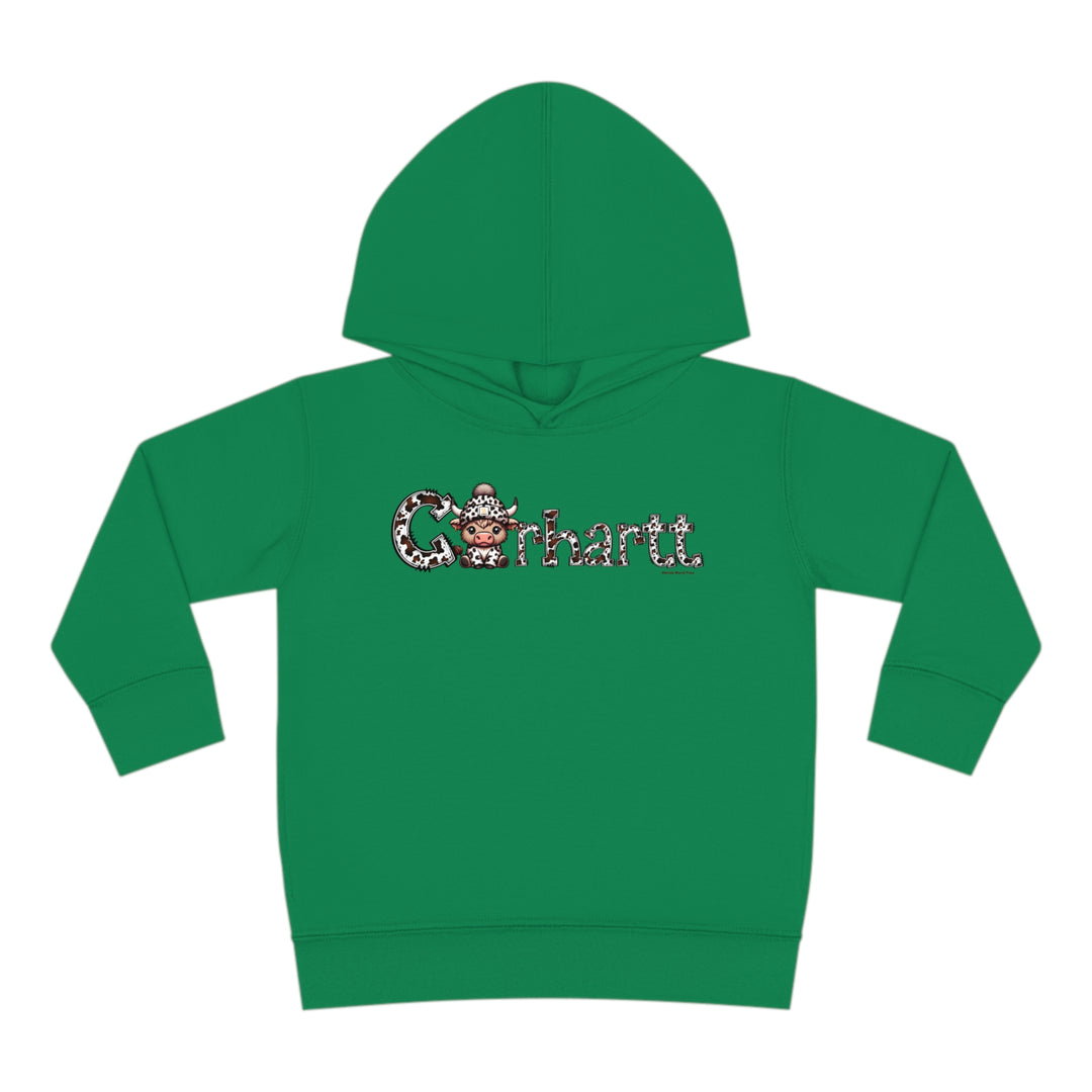 A durable toddler hoodie featuring a cartoon cow design, jersey-lined hood, side seam pockets, and cover-stitched details for long-lasting coziness. From Worlds Worst Tees, the Cowhartt Cow Toddler Hoodie offers comfort and style.