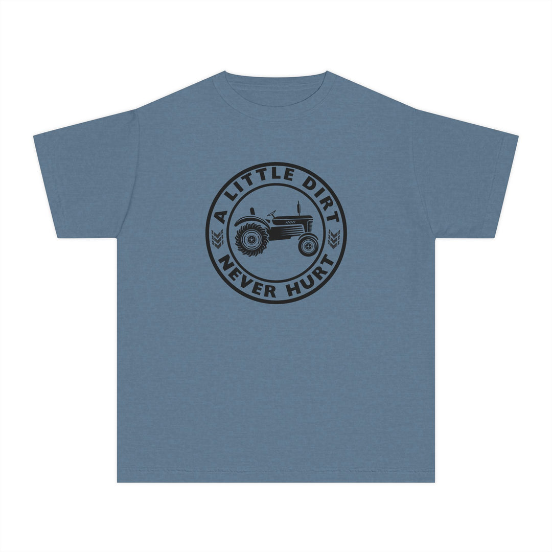 Blue kids' T-shirt featuring a black tractor graphic, A LITTLE DIRT NEVER HURT slogan, made from soft, 100% combed cotton for comfort and agility.