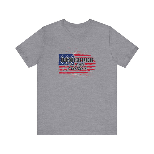 A classic unisex jersey tee, the Remember and Honor Tee features a flag and text design. Made of 100% cotton with ribbed knit collars and taping on shoulders for a better fit. Ideal for everyday wear.