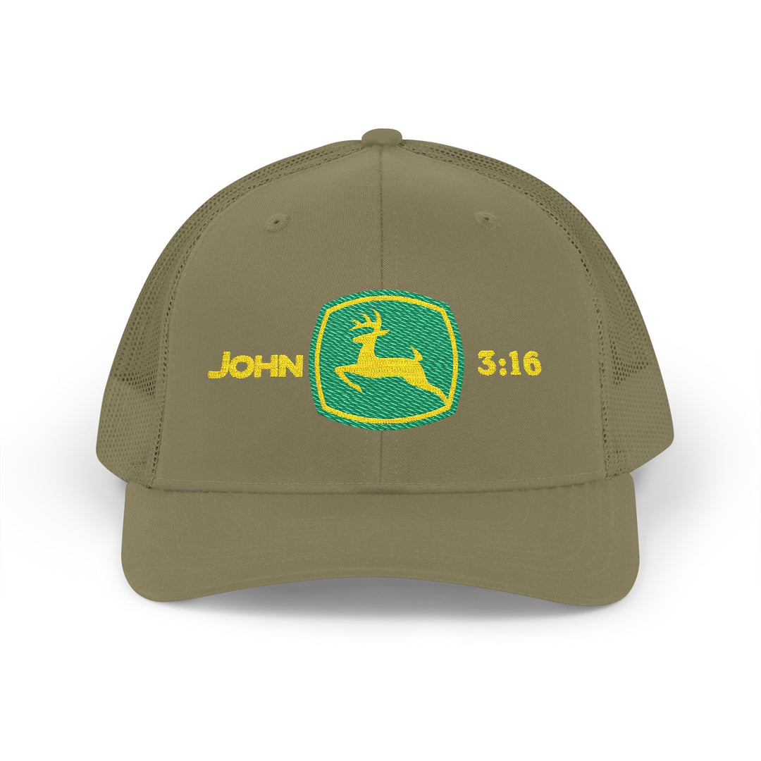 John 3:16 Snapback Trucker Cap features an olive mesh-back design with a leaping deer emblem and embroidered Bible verse, offering comfort and style.