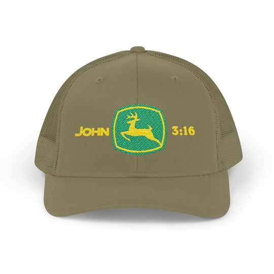 John 3:16 Snapback Trucker Cap features an olive mesh-back design with a leaping deer emblem and embroidered Bible verse, offering comfort and style.