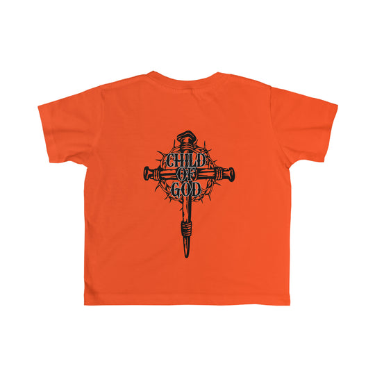 Child of God Tee: Toddler t-shirt with a crown of thorns logo on the back. Soft 100% cotton, light fabric, tear-away label, classic fit. Sizes 2T to 5-6T. Perfect for sensitive skin.