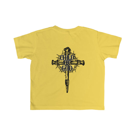 A Child of God Tee for toddlers, featuring a yellow shirt with a cross and thorns. Made of soft 100% combed ringspun cotton, light fabric, tear-away label, and a classic fit. Perfect for sensitive skin.