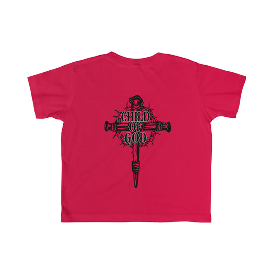 Child of God Tee for toddlers, featuring a soft, durable fabric with a high-quality print. 100% combed ringspun cotton, light fabric, classic fit, tear-away label, true to size.