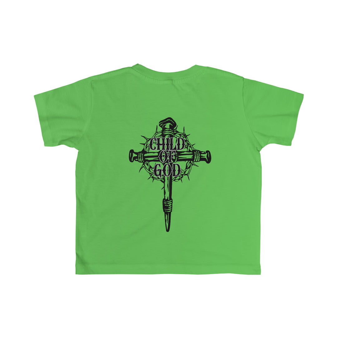 Child of God Tee: A green shirt with a cross, back view, and black and white logo featuring a crown of thorns and skull. Soft, 100% combed ringspun cotton tee for toddlers, light fabric, classic fit.