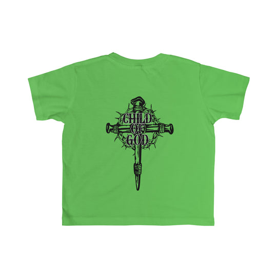 Child of God Tee: A green shirt with a cross, back view, and black and white logo featuring a crown of thorns and skull. Soft, 100% combed ringspun cotton tee for toddlers, light fabric, classic fit.