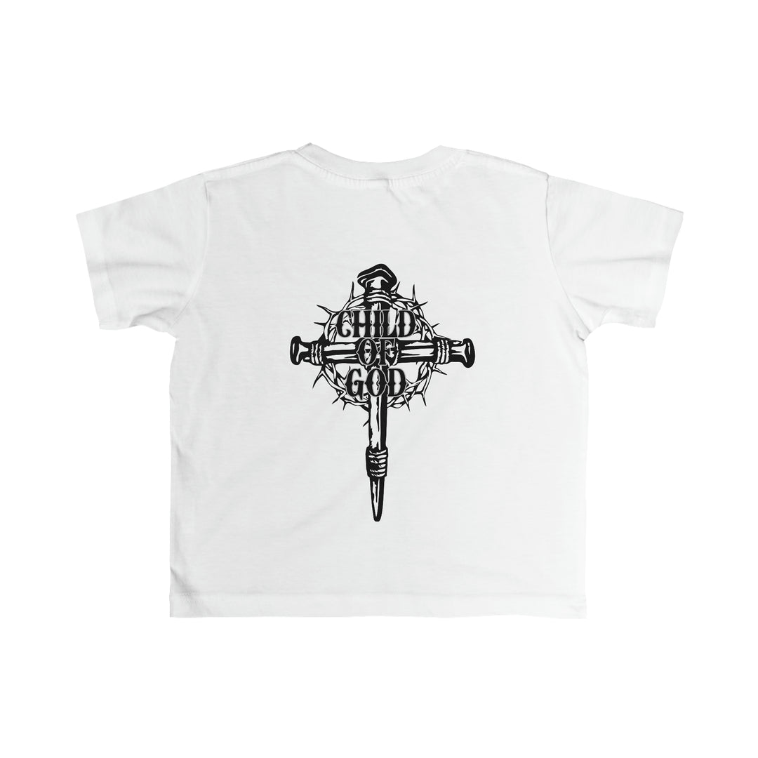 Child of God Tee: A white toddler t-shirt featuring a cross and thorns design. Made of 100% combed ringspun cotton, light fabric, with a classic fit and tear-away label. Perfect for sensitive skin.