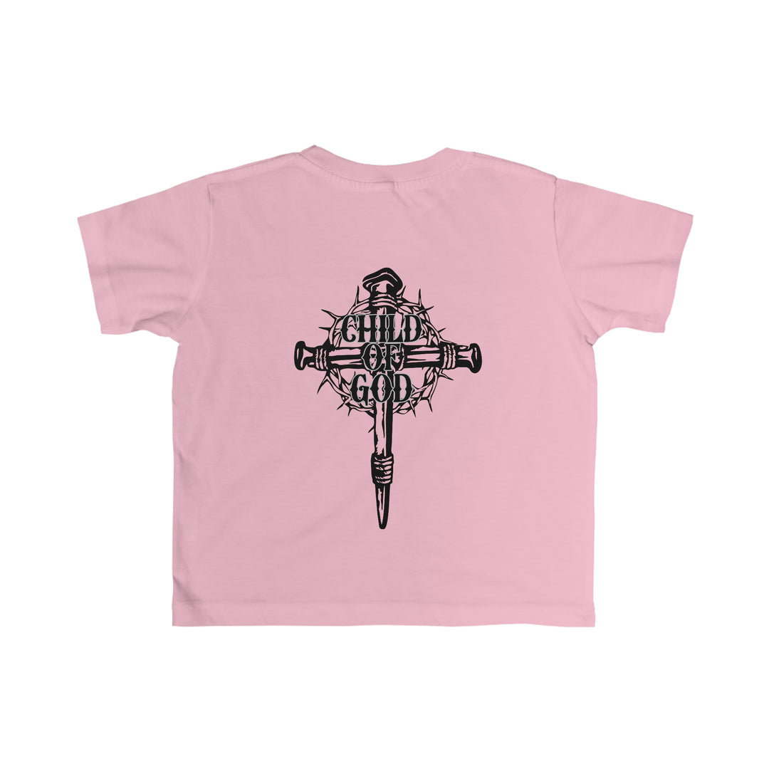Child of God Tee: Pink shirt with cross and thorns logo on the back. Soft, 100% combed ringspun cotton, light fabric, tear-away label. Ideal for toddlers. Classic fit, true to size.