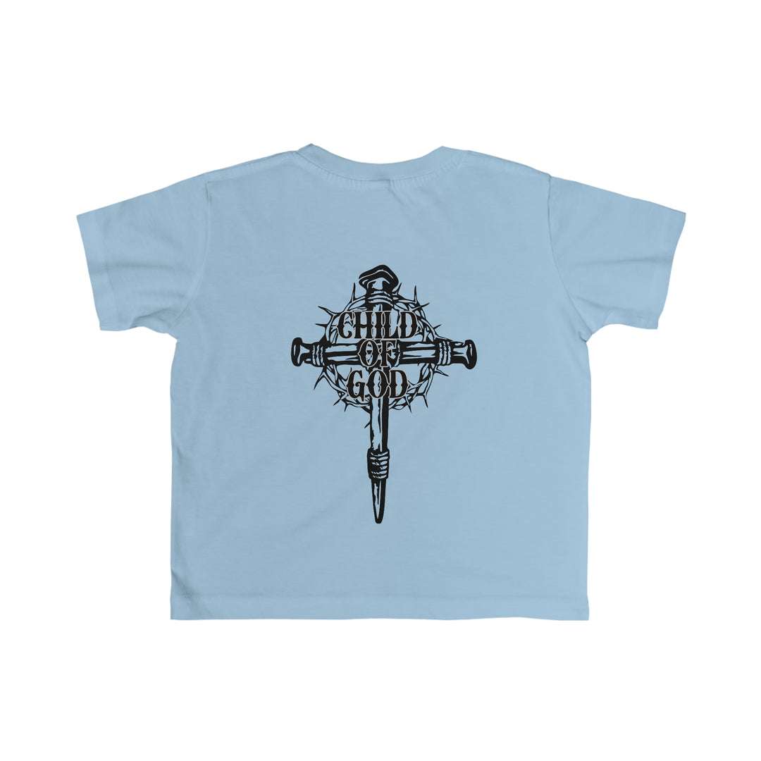 Child of God Tee: Blue shirt with cross and thorns. Soft, 100% combed ringspun cotton, light fabric, classic fit, tear-away label. Perfect for toddlers. Ideal for first ventures.