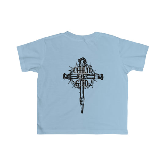 Child of God Tee: Blue shirt with cross and thorns. Soft, 100% combed ringspun cotton, light fabric, classic fit, tear-away label. Perfect for toddlers. Ideal for first ventures.