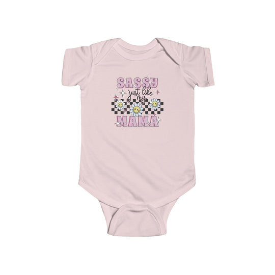 A baby bodysuit featuring a sassy Sassy like my mama graphic design. Made of 100% cotton fabric, with ribbed knit bindings and plastic snaps for easy changing access. From Worlds Worst Tees.