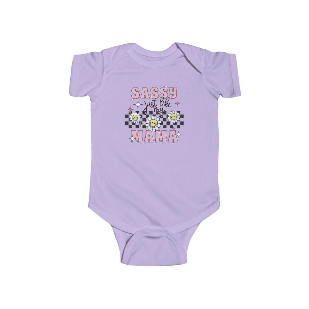 Infant fine jersey bodysuit featuring Sassy like my mama graphic. 100% cotton fabric, ribbed knitting for durability, plastic snaps for easy changing. From Worlds Worst Tees.