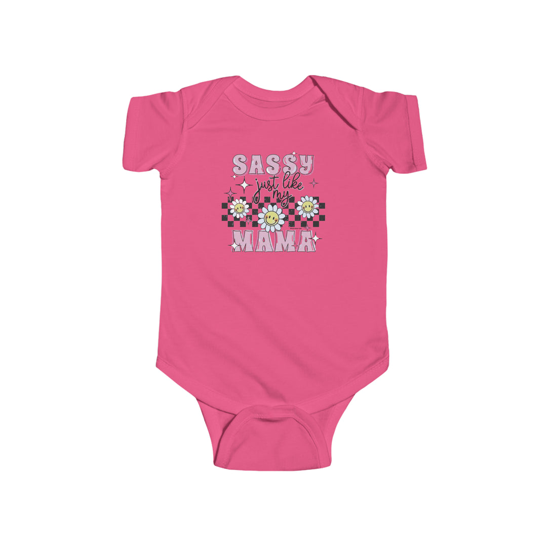 Infant fine jersey bodysuit featuring Sassy like my mama text. 100% cotton fabric, ribbed knit bindings, and plastic snaps for easy changes. From Worlds Worst Tees.
