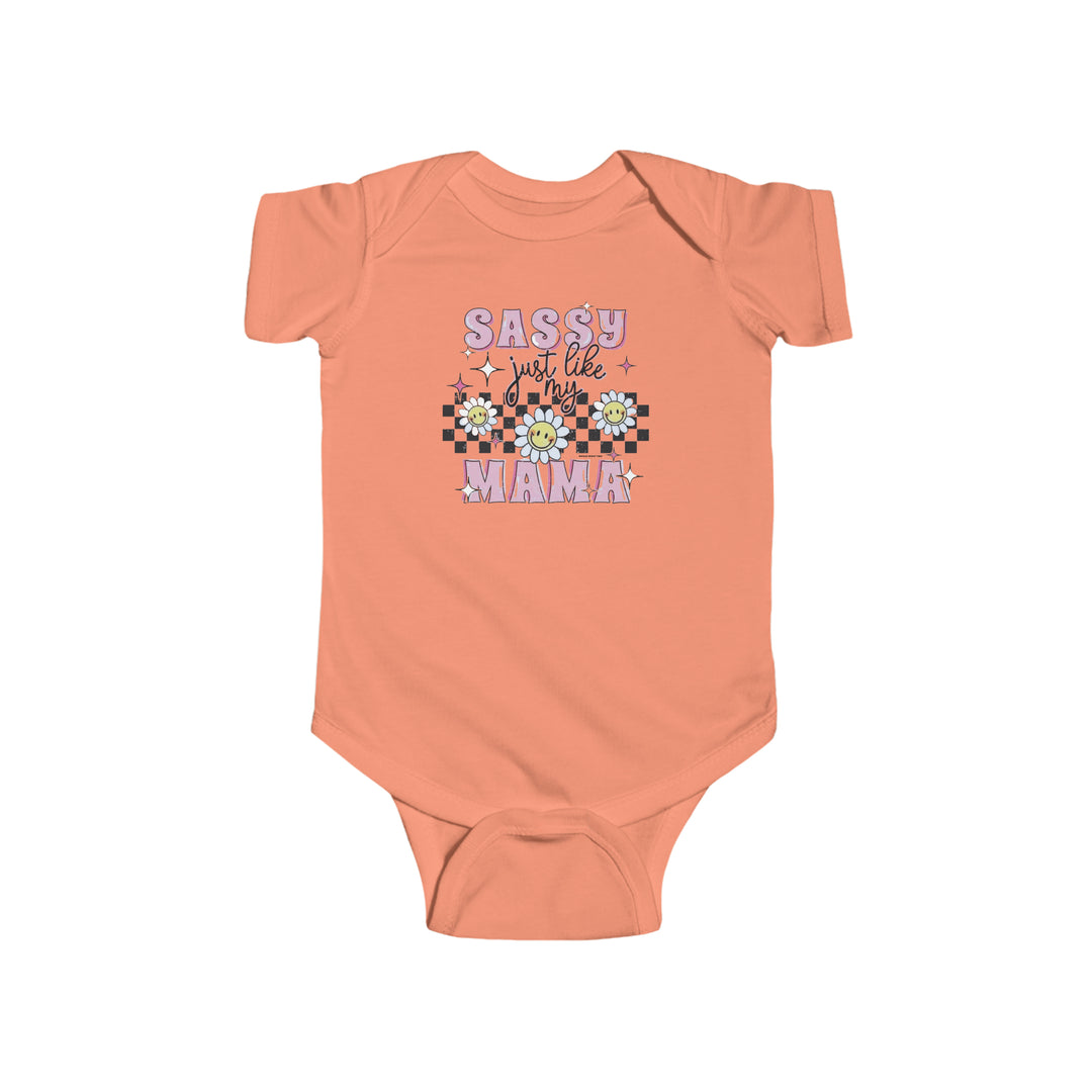A baby romper with a sassy like my mama graphic design. 100% cotton fabric for durability and softness. Plastic snaps for easy changing access. From Worlds Worst Tees.