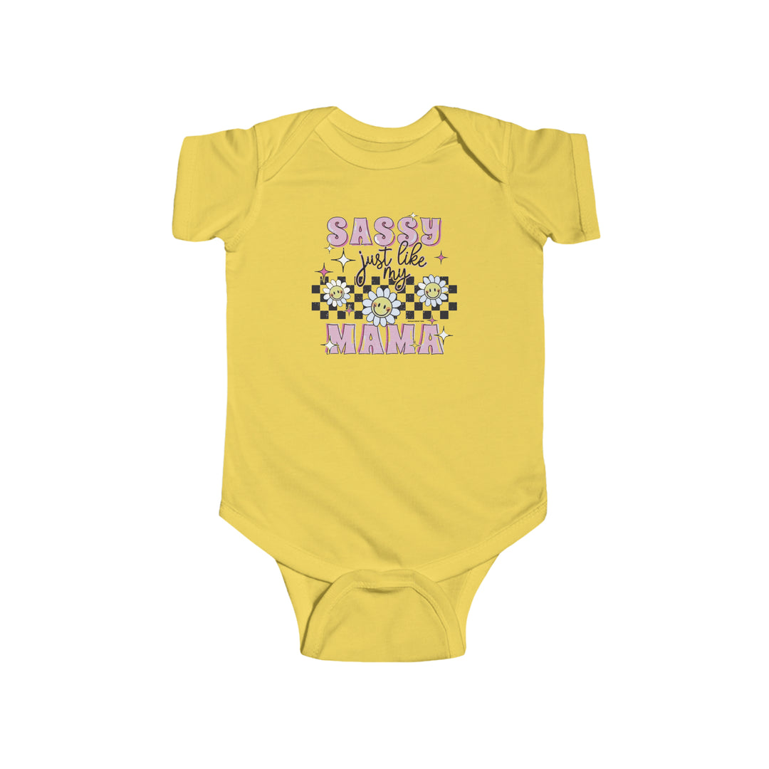 Infant fine jersey bodysuit with a yellow design, featuring flowers and a checkered pattern. Sassy like my mama Onesie for stylish babies. 100% cotton fabric, ribbed knitting, and plastic snaps for easy changing.