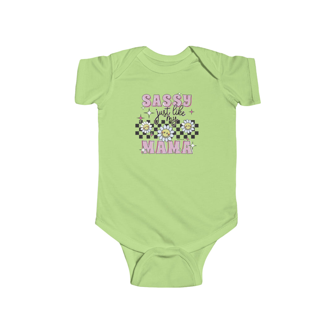 A durable and soft infant bodysuit featuring a sassy like my mama graphic. Made of 100% cotton, with ribbed knitting for durability and plastic snaps for easy changing. From Worlds Worst Tees.
