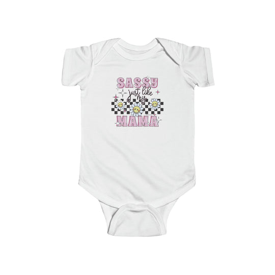 A durable and soft infant fine jersey bodysuit, featuring ribbed knitting for durability and plastic snaps for easy changing access. Made of 100% combed ringspun cotton, perfect for the little one to be sassy like mama.