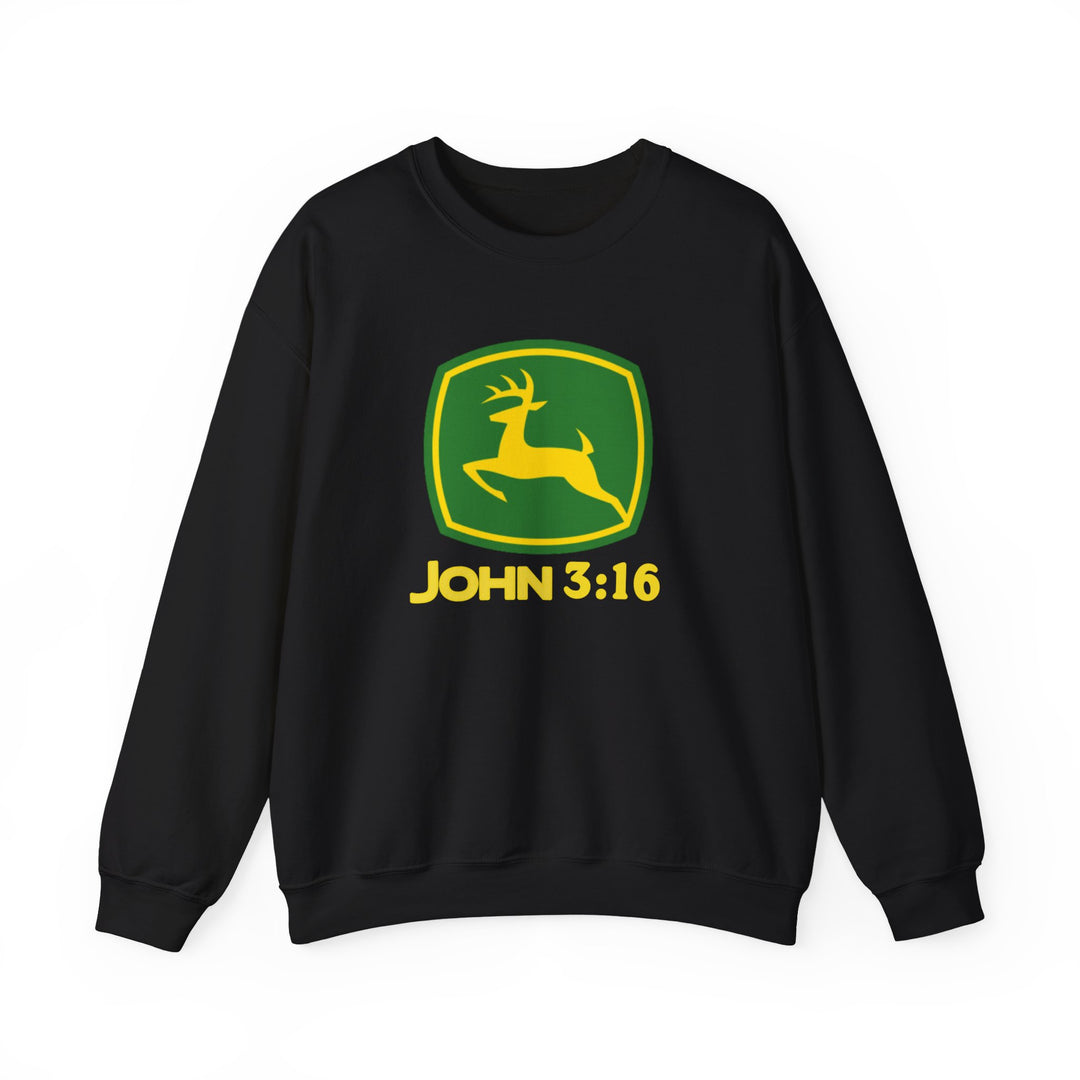 John 3:16 Crew sweatshirt with spoofed John Deere logo in green and yellow, showcasing a ribbed collar and durable stitching for comfort and style.
