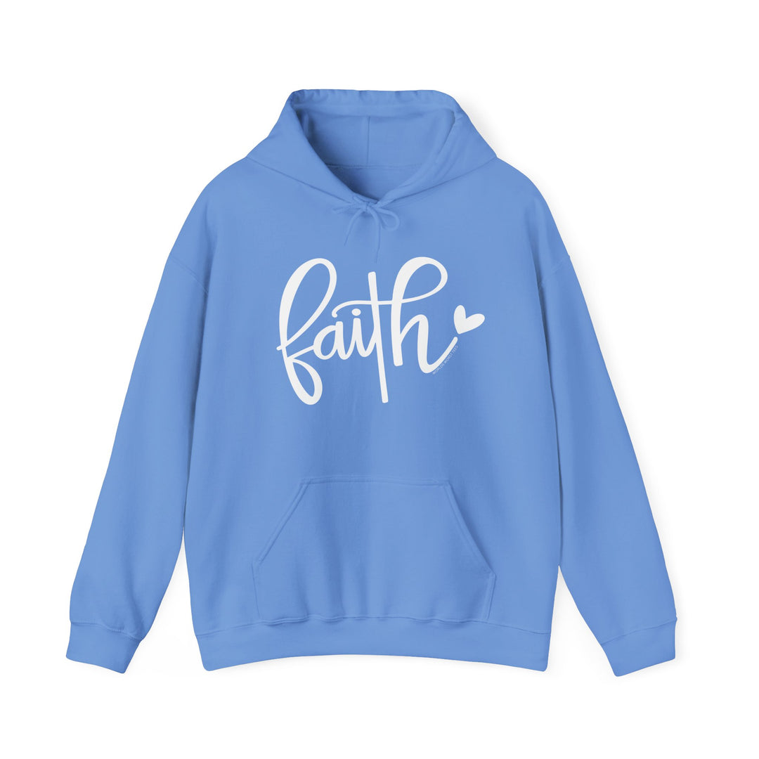 A cozy unisex Faith Hoodie in blue with white text, featuring a kangaroo pocket and matching drawstring. Made of 50% cotton and 50% polyester, it's warm and soft for chilly days. Medium-heavy fabric, tear-away label, and a classic fit.