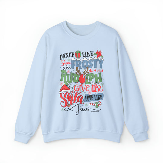Unisex heavy blend crewneck sweatshirt featuring Frosty Rudolph Santa Jesus Crew design. 50% cotton, 50% polyester, ribbed knit collar, loose fit, sewn-in label. Sizes S-5XL. No itchy side seams.