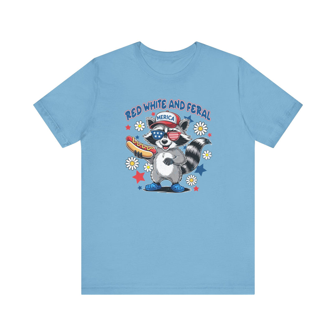 Red White and Feral 4th Tee, a classic unisex jersey t-shirt, featuring ribbed knit collars and dual side seams for durability and a comfortable fit.
