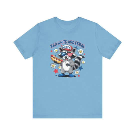Red White and Feral 4th Tee, a classic unisex jersey t-shirt, featuring ribbed knit collars and dual side seams for durability and a comfortable fit.