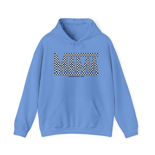 Unisex Vans Mama Hoodie in blue with black and white checkered pattern. Heavy blend of cotton and polyester, kangaroo pocket, drawstring hood. Classic fit, tear-away label, medium-heavy fabric.