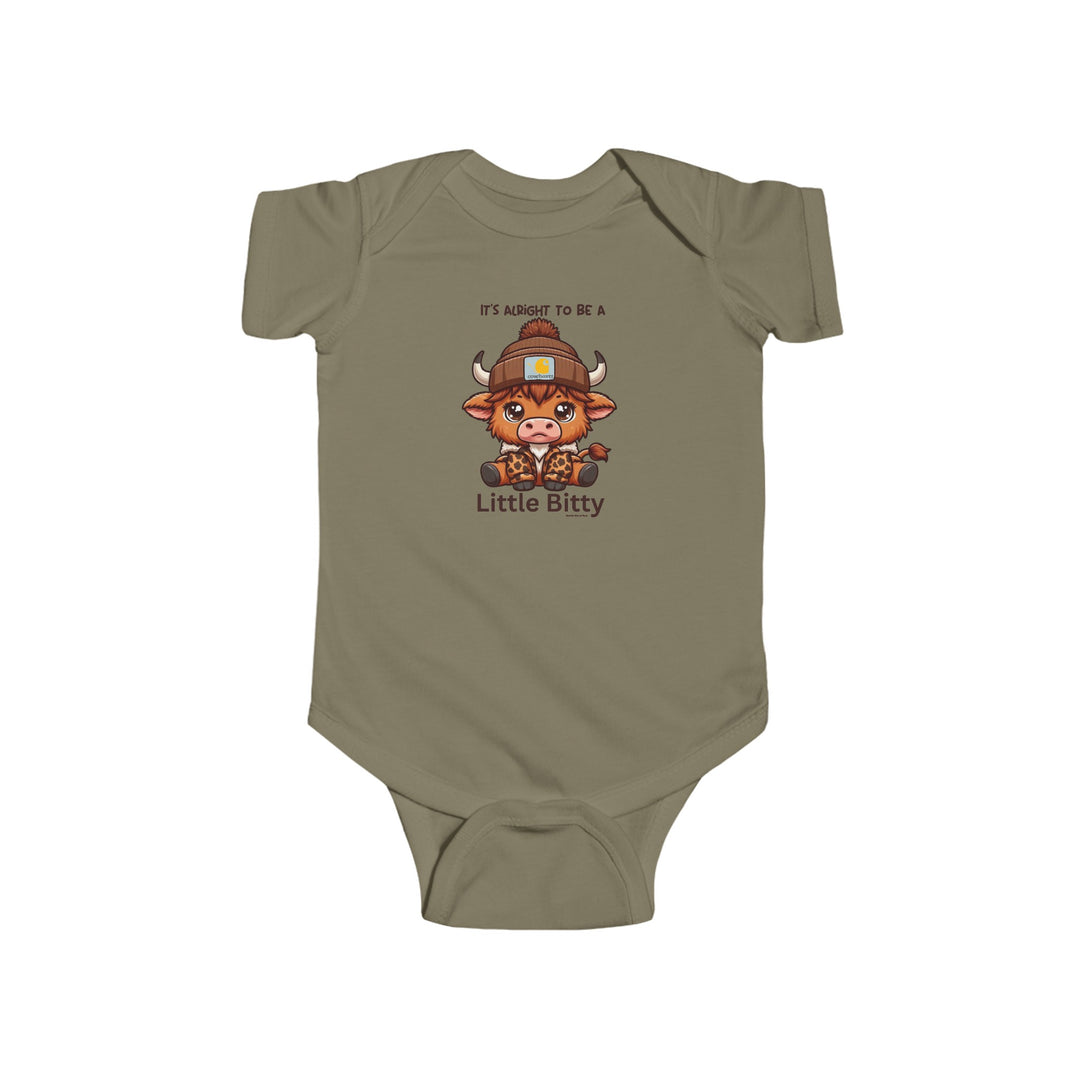Little Bitty Onesie featuring a cartoon cow design on a baby bodysuit. Made of 100% cotton, light fabric with ribbed bindings for durability. Plastic snaps for easy changing access. From Worlds Worst Tees.