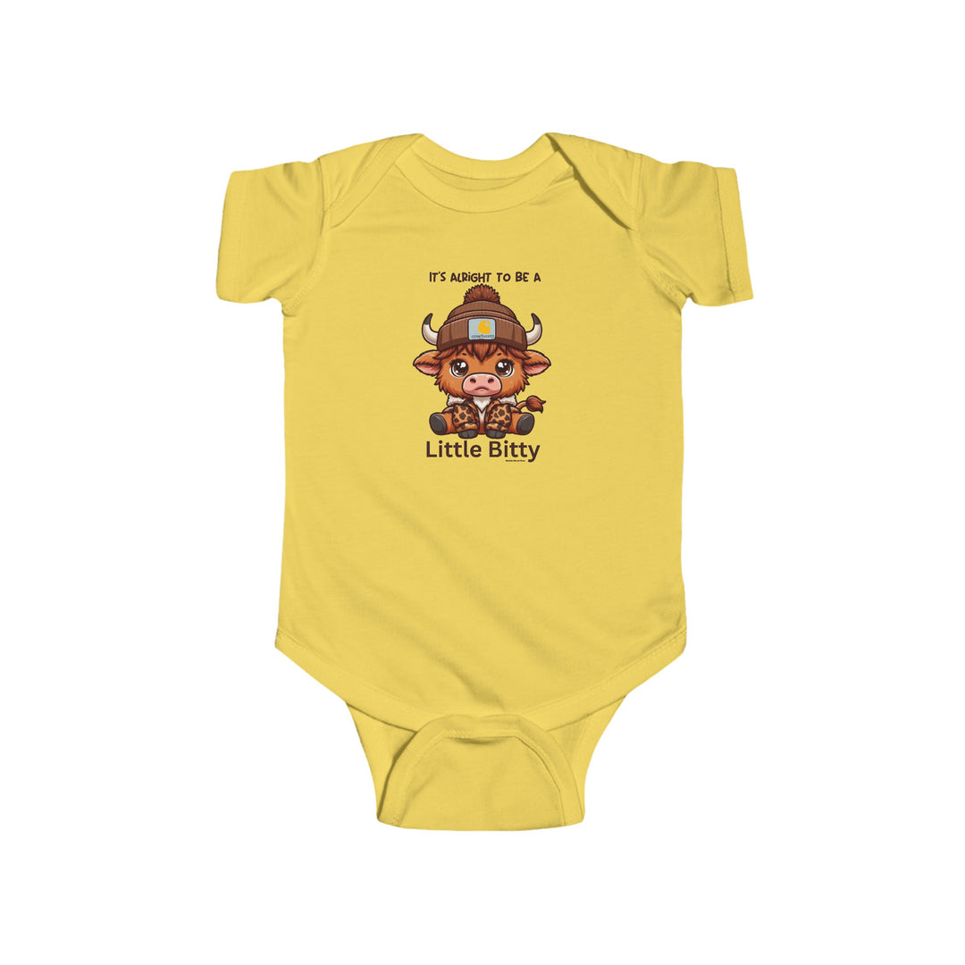 Little Bitty Onesie: Yellow baby bodysuit featuring a cartoon cow. Infant fine jersey bodysuit, 100% cotton, ribbed knitting for durability, plastic snaps for easy changing access. From Worlds Worst Tees.