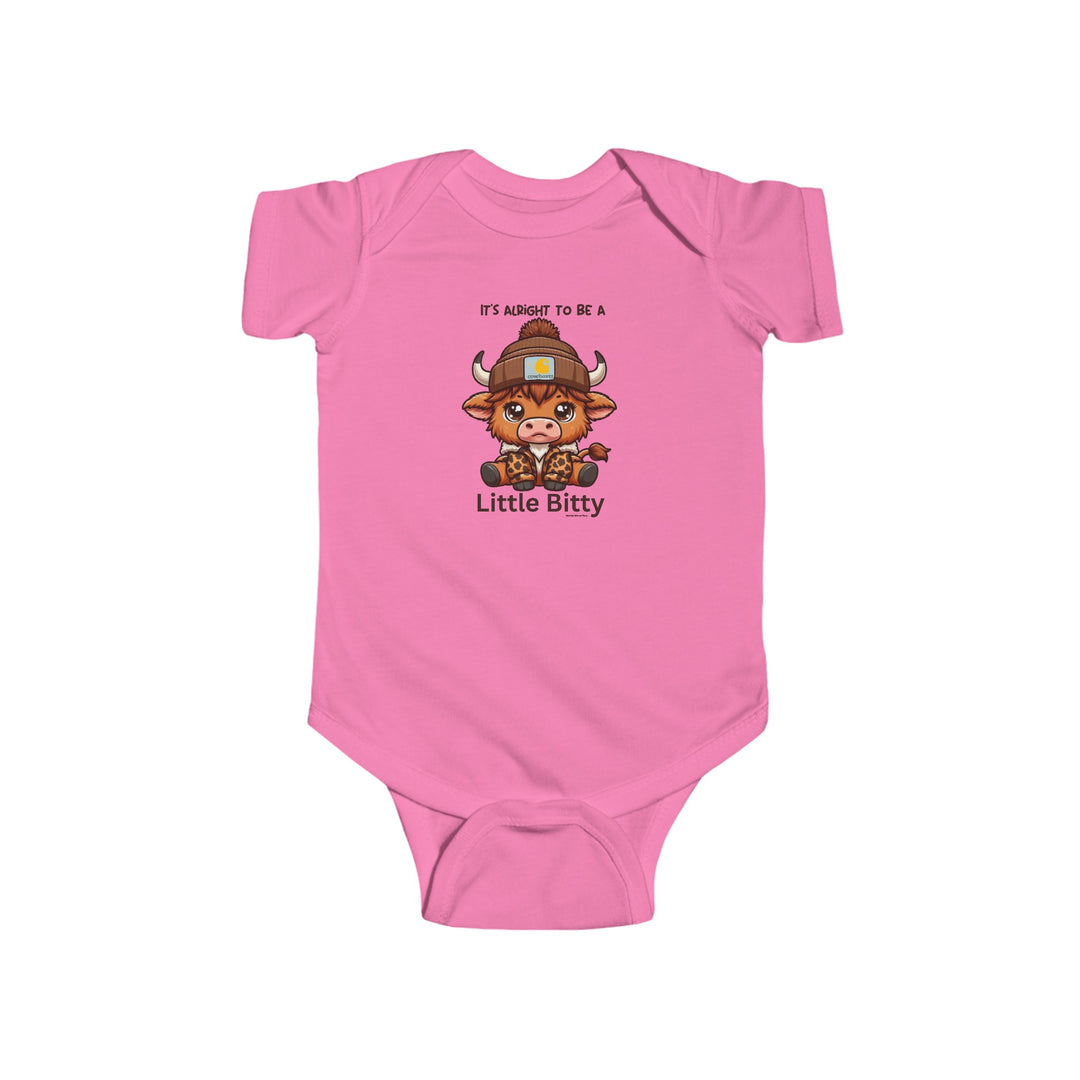 A pink baby bodysuit featuring a cartoon cow design, perfect for infants. Made of 100% cotton, with ribbed knitting for durability and plastic snaps for easy changing. From Worlds Worst Tees' Little Bitty Onesie collection.