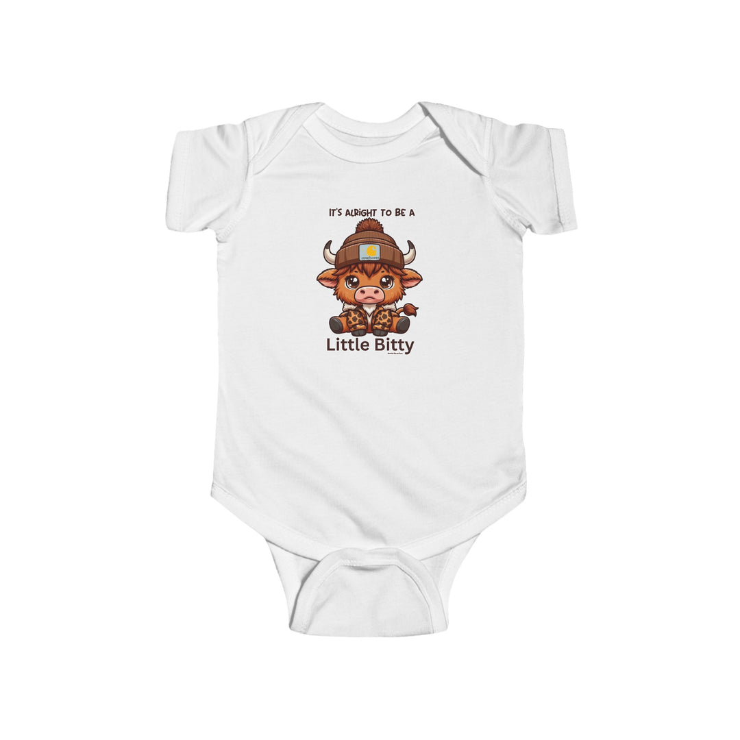 A white baby bodysuit featuring a cartoon cow design. Infant fine jersey bodysuit made of 100% cotton for durability and softness. Plastic snaps for easy changing access. From Worlds Worst Tees.